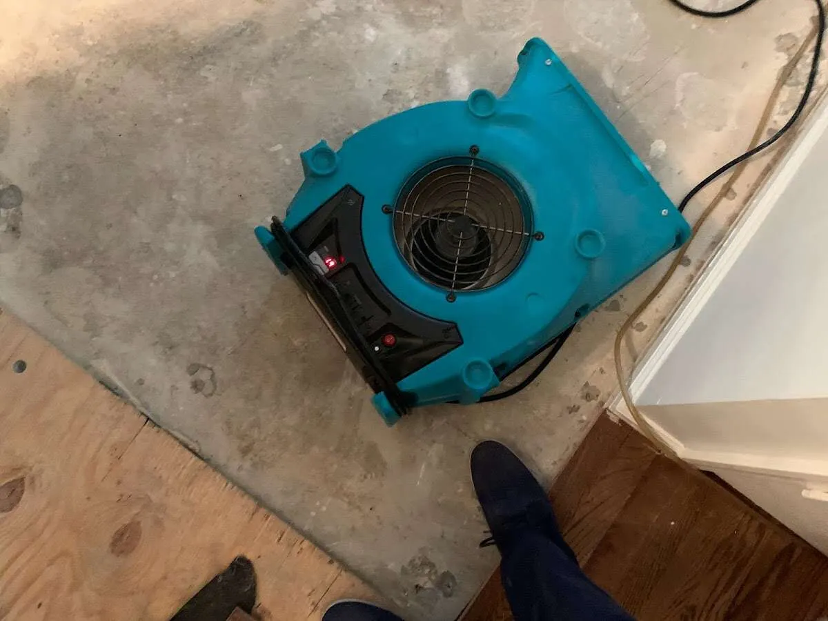 Air mover drying subfloor during Leak Detection & Repair in Canton